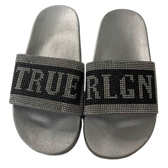 True Religion Crystal Embellished Rhinestone Jasmin Bling Slides Slip On Sandals - Picture 1 of 6